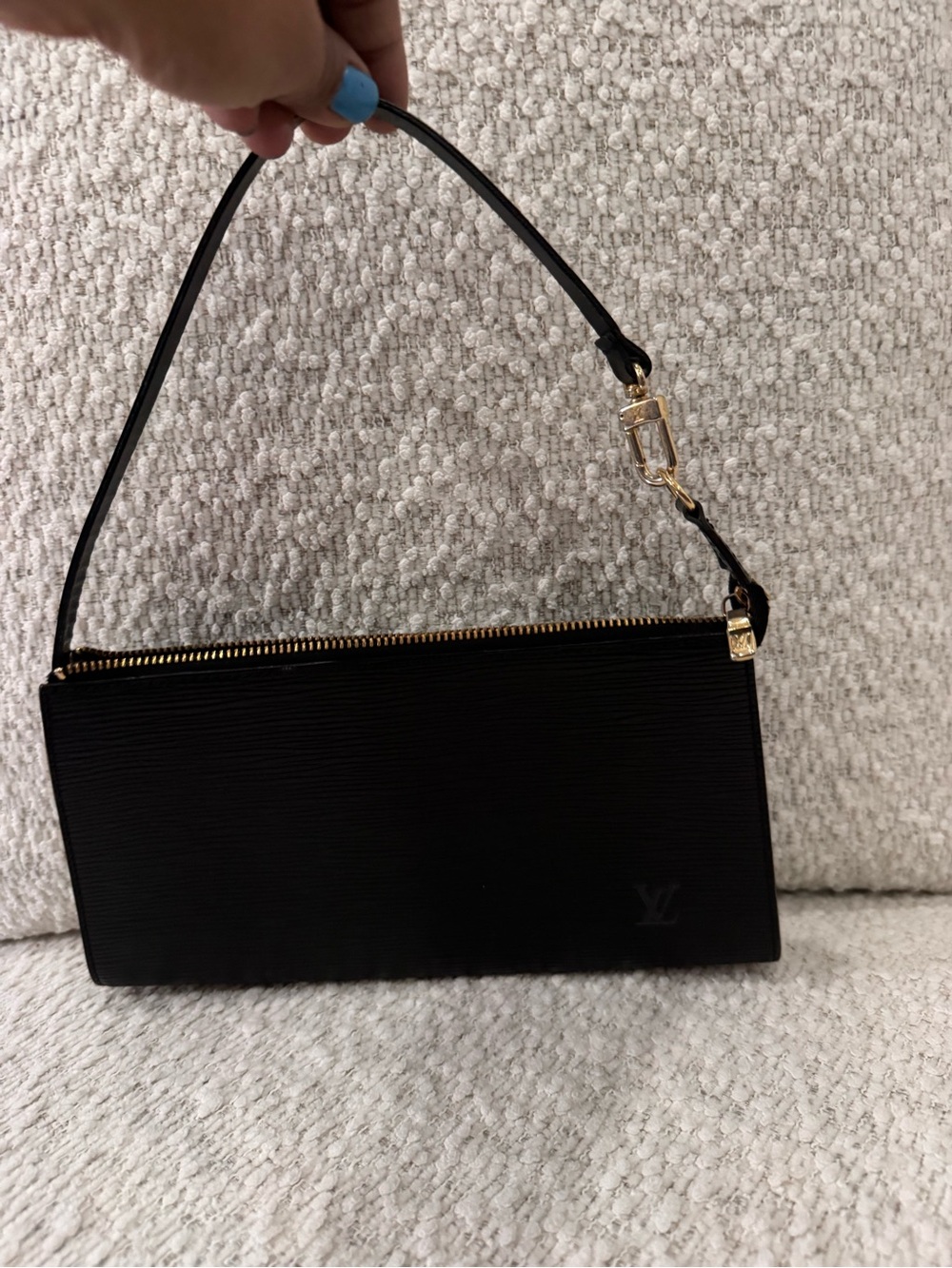 Vintage Louis Vuitton Black Epi Pochette Leather Zip Wristlet with Gold Hardware